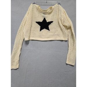 Social Collision Cream Black Star Open Knit Cropped Sweater Womens Medium